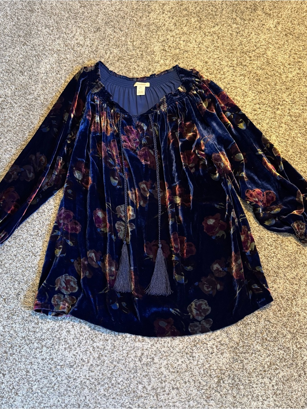 Sundance Blue Floral Velvet Blouse Tassel Silk Blend Boho Women’s Sz XL